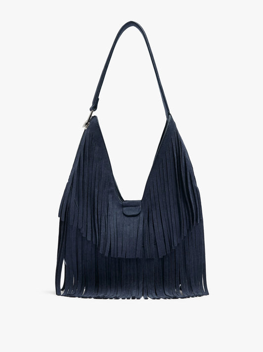 Bolso Azul de Flecos | Bolso Boho de Hombro Tipo Ante