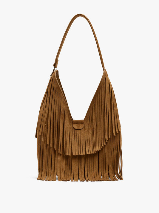 Bolso Marrón de Flecos | Bolso Boho de Hombro Tipo Ante